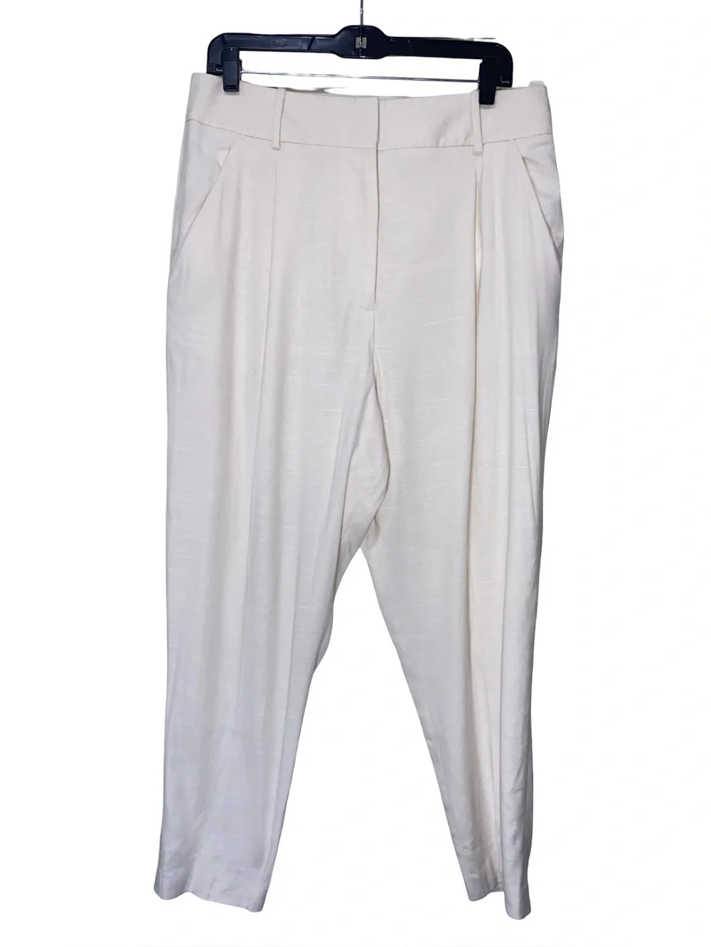 Veronica Beard Off-White Linen Blend Pleated Front Trousers Cream Pants